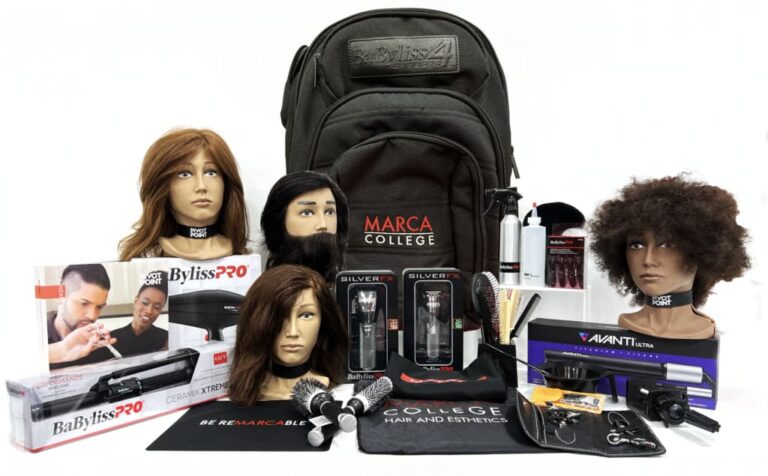 Hairstyling course enrollment kit and includes Mannequins, shears, clippers, and trimmers.